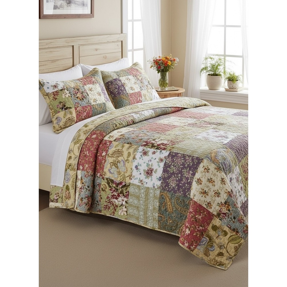 King Floral Patchwork Quilt & Shams Sage Green Rose Lavender Cottagecore Bedding